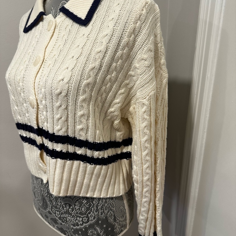 NWT Pink Rose Preppy Cream & Navy  Cable Knit Collared Cardigan. Ribbed Hem. S - Picture 15 of 16